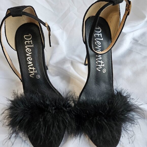 DEleventh black ankle strap heeled sandal feathers stiletto open toe 42 10.5 - Picture 2 of 6